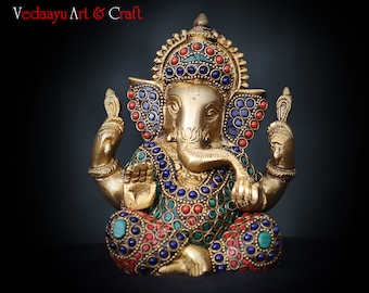 Estatua de Ganesha de latón hecha a mano / Ídolo hindú con incrustaciones de piedras preciosas