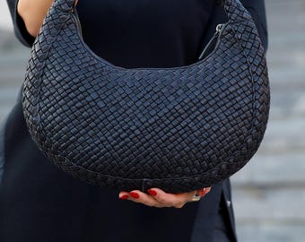 Bolsa Hobo em Couro Italiano Trançado à Mão, Bolsa de Ombro Intrecciato, Bolsa em Pele de Bezerro