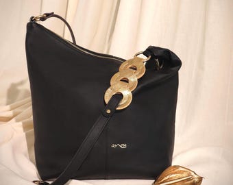 Bolsa Hobo Artesanal em Couro Italiano, Bolsa Tote Estilo Slouch em Couro de Bezerro Preto