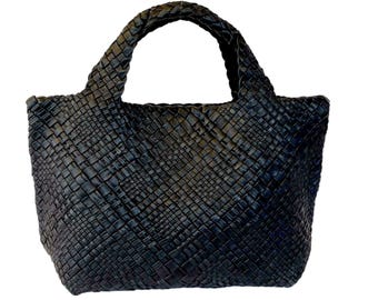 Sac fourre-tout en cuir italien tissé à la main - Sac hobo Intrecciata noir avec bandoulière amovible