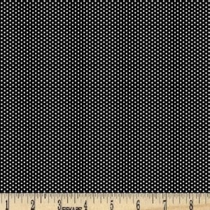 May include: Black fabric with a white polka dot pattern. The dots are small and evenly spaced.