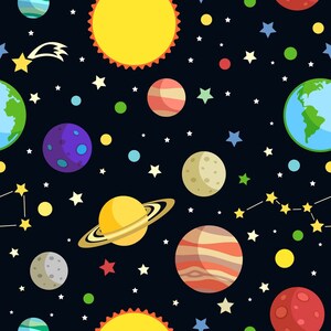 May include: A colorful, seamless pattern featuring a variety of planets, stars, and constellations on a dark blue background. The planets are in different colors, including blue, green, red, yellow, and brown. The stars are white and yellow, and the constellations are made up of yellow stars.