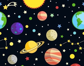 May include: A colorful, seamless pattern featuring a variety of planets, stars, and constellations on a dark blue background. The planets are in different colors, including blue, green, red, yellow, and brown. The stars are white and yellow, and the constellations are made up of yellow stars.