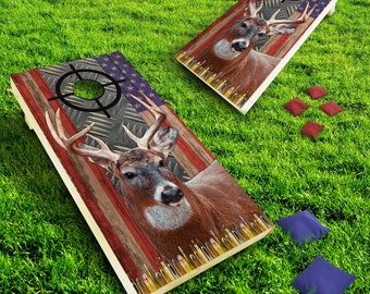 Deer Cornhole Boards, Hunting Cornhole Board, American Flag Deer, Custom Cornhole Set with Bags, Birthday Gift, Fathers Day, Hunting Gift