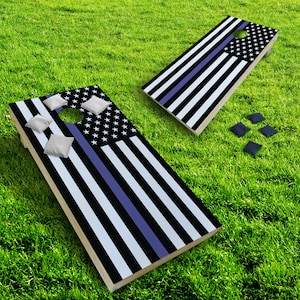 Blue Line American Flag Cornhole Boards, Backyard Games, BBQ Games, College, Tailgating, Cornhole Set with Bags, Police Cornhole Board