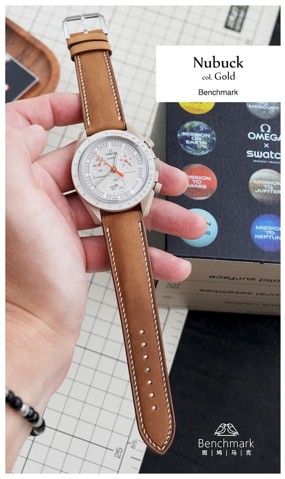 Golden Brown Leather Watch Strap for Omega X Swatch Moonswatch