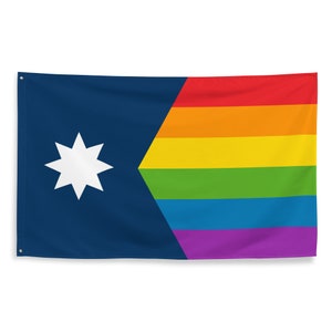 May include: A blue flag with a white seven-pointed star in the upper left corner and a rainbow stripe in the upper right corner.