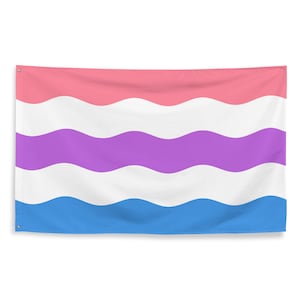 May include: A flag with five horizontal wavy stripes in pink, white, purple, white, and blue.