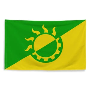 May include: A green and yellow flag with a stylized sun and gear design. The sun is yellow with green rays and a green gear inside. The flag is divided diagonally with the green side on the left and the yellow side on the right.