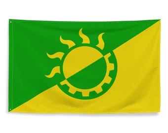 Pode incluir: Uma bandeira verde e amarela com um design estilizado de sol e engrenagem. O sol é amarelo com raios verdes e uma engrenagem verde dentro. A bandeira é dividida diagonalmente com o lado verde à esquerda e o lado amarelo à direita.