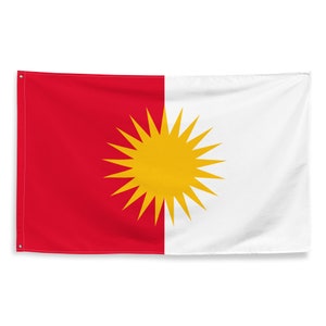 May include: A red and white flag with a yellow sunburst in the center. The sunburst has 16 points and is centered on the white half of the flag.