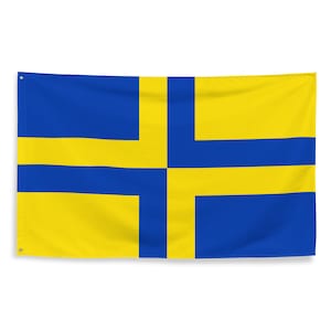 May include: A rectangular flag featuring a blue field with a yellow Nordic cross. The cross extends to the edges of the flag, with the vertical and horizontal arms of the cross offset towards the hoist side. The flag is made of fabric and has grommets.