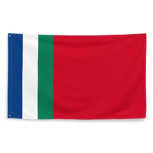 May include: A flag with three vertical stripes: blue, white, and green. The rightmost stripe is red.
