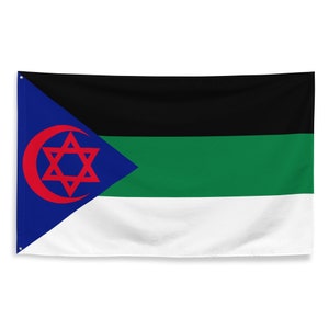 May include: A rectangular flag with a blue triangle on the left side, featuring a red Star of David and crescent moon. The flag has horizontal stripes of black, green, and white.
