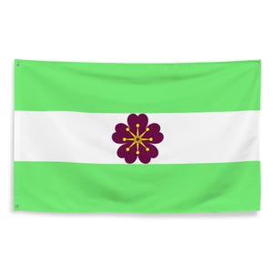 May include: A rectangular flag featuring three horizontal stripes. The top and bottom stripes are light green, while the central stripe is white. Centered on the white stripe is a dark purple five-petaled flower icon with a yellow star-shaped center.