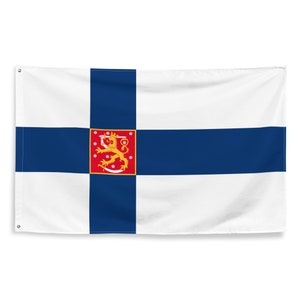 Peut inclure: Un drapeau blanc avec une croix bleue et un écu rouge avec un lion doré au centre. L'écu est entouré de flocons de neige blancs.