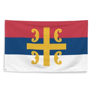 May include: A red, blue, and white flag with a gold cross and four stylized S-shaped symbols.