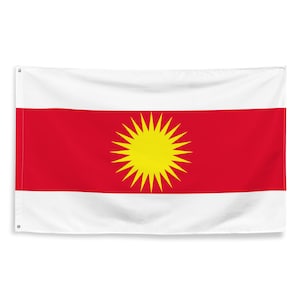 May include: A white flag with a red horizontal stripe in the center. A yellow sun with 16 rays is centered on the red stripe.