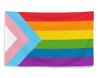May include: A rainbow pride flag with a transgender pride chevron in the top left corner. The flag is made of fabric and has a white background with a light blue and pink chevron.