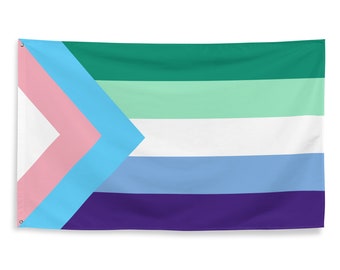 May include: A pride flag with a pink, light blue, and white chevron on the left side, followed by five horizontal stripes of green, light green, white, light blue, and purple.