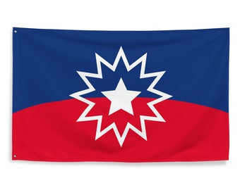 Könnte beinhalten: Eine blaue und rote Flagge mit einem weißen 14-zackigen Stern in der Mitte. Der Stern hat einen kleineren weißen Stern in der Mitte.