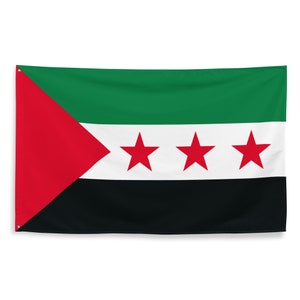 May include: A green, white, and black flag with a red triangle in the upper left corner. Three red five-pointed stars are centered on the white stripe.