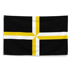 May include: Black flag with a centered cross design. The cross is composed of a white vertical and horizontal stripe, intersected by a yellow vertical and horizontal stripe. The flag has grommets for hanging.