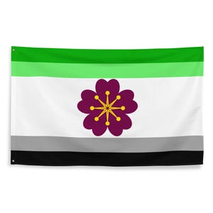 Peut inclure: Un drapeau rectangulaire composé de bandes horizontales vert foncé, vert clair, blanc, gris et noir. Au centre de la bande blanche se trouve une icône de fleur violet foncé à cinq pétales avec un cœur jaune et des lignes jaunes rayonnantes.