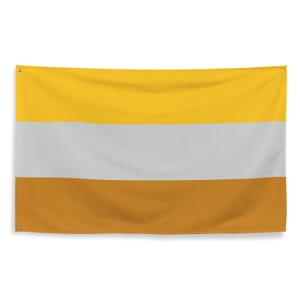 Peut inclure: Un drapeau rectangulaire avec trois bandes horizontales. La bande supérieure est jaune, la bande du milieu est grise et la bande inférieure est orange. Le drapeau a des œillets dans les coins pour l'accrocher.