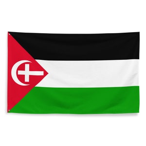 May include: A flag with a red, white, and green horizontal stripe pattern. The top stripe is black. A red triangle with a white cross and crescent moon is in the upper left corner.