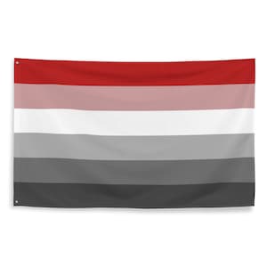 Może przedstawiać: Flaga dumy z sześcioma poziomymi paskami. Górny pasek jest czerwony, drugi jest różowy, trzeci jest biały, czwarty jest jasnoszary, piąty jest ciemnoszary, a dolny pasek jest czarny.