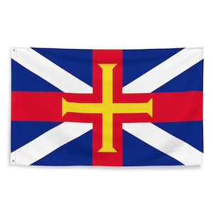 Puede incluir: Una bandera azul con una cruz diagonal blanca y una franja horizontal roja. Una cruz amarilla con un contorno rojo está centrada en la bandera.