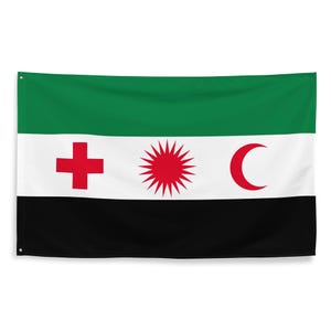 May include: A green, white, and black flag with a red cross, a red sun, and a red crescent moon.
