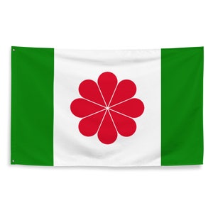 Puede incluir: Una bandera verde, blanca y verde con una flor roja de ocho puntas en el centro.
