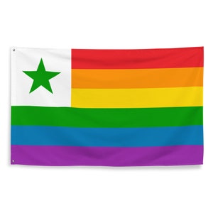 May include: A rainbow pride flag with a green star in the top left corner. The flag has six stripes: red, orange, yellow, green, blue, and purple.