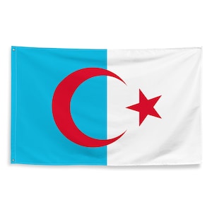 May include: A blue and white flag with a red crescent moon and star. The crescent moon is on the blue side of the flag and the star is on the white side.