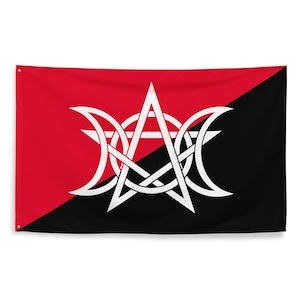 May include: A red and black flag with a white symbol. The flag is divided diagonally, with red on the upper left and black on the lower right. A white symbol featuring a star, circles, and crescent moons is centered on the flag.