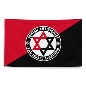 May include: A black and red flag with a white circle in the center. The circle contains a Star of David with a red and black design and the text "JEWISH ANTIZIONIST END ISRAEL APARTHEID".