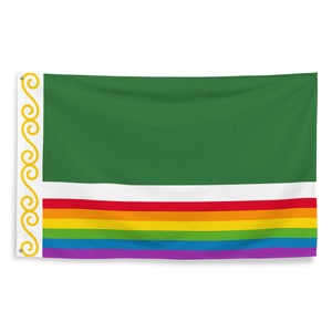 May include: A green flag with a white stripe and a rainbow stripe. The flag has a gold border with a repeating pattern of swirls.