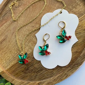 Holly berry flower, mistletoe earrings and necklace set, Christmas floral, handmade jewelry, 20” chain, gift