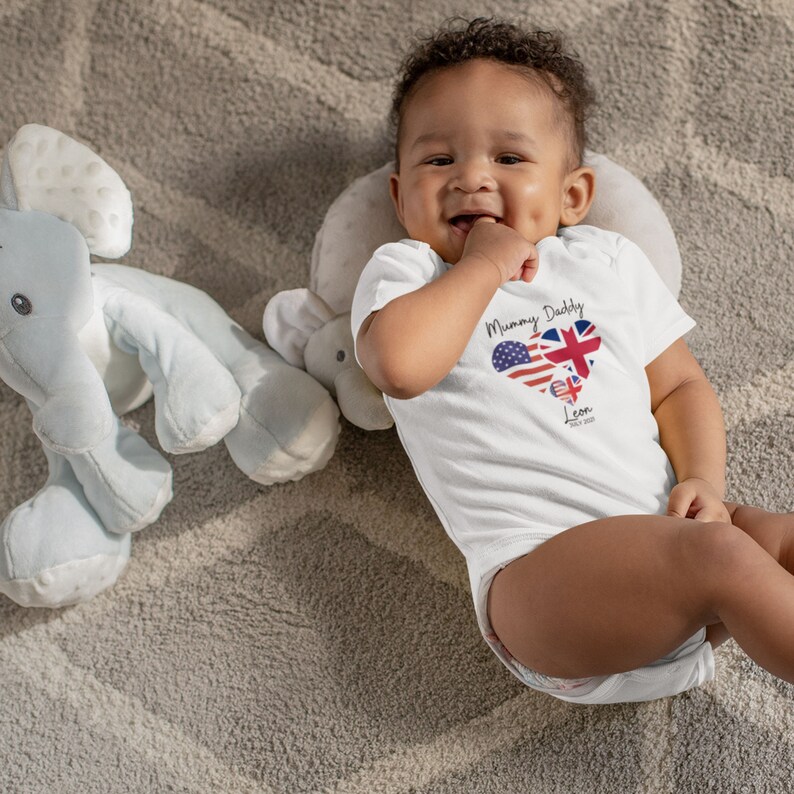 Personalised Flag Babygrow Newborn Baby Gift New Mum Gift Heart Babygrow Mum and Dad Mixed Race Baby Gift
