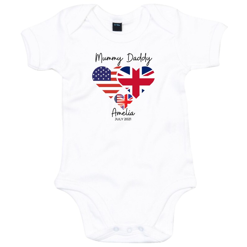Personalised Flag Babygrow Newborn Baby Gift New Mum Gift Heart Babygrow Mum and Dad Mixed Race Baby Gift