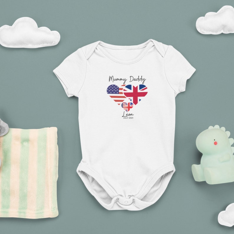 Personalised Flag Babygrow Newborn Baby Gift New Mum Gift Heart Babygrow Mum and Dad Mixed Race Baby Gift