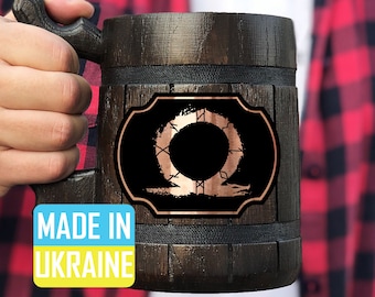 God of War Mug Gamer Gift Personalized Gift For Him Wooden Beer Mug Beer Stein Custom Beer Tankard Gift for Husband Mug Geek Gift for Gamer