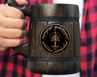 Tree Of Gondor Mug One Ring Personalized Gift For Him Lord of the Rings Wooden Beer Mug LOTR Gift Wooden Stein Beer Tankard Gift for Husband