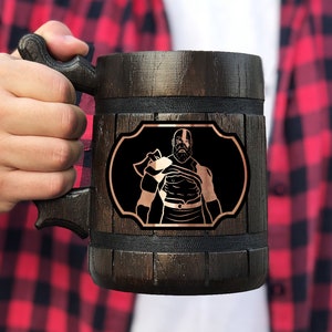 God of War Ragnarok Kratos Mug Gamer Gift Personalized Gift For Him GoW Gift for Gamer Wooden Beer Mug Beer Stein Tankard Gift for Husband