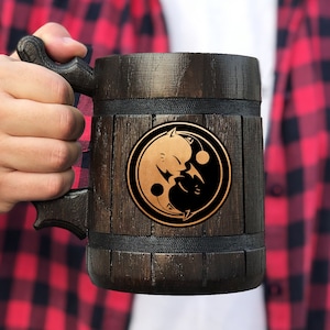 Final Fantasy Kupo Yin Yang Mug Beer Stein Wooden Tankard Gift for Gamer Wooden Beer Mug Personalized Gamer Gift For Him Gift for Husband