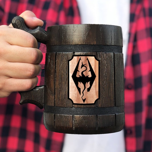 Skyrim Mug Personalized Gift For Him Best Friend Gift Wooden Beer Mug Gamer Gift Wooden Stein Custom Beer Tankard Geek Gift for Husband Mug