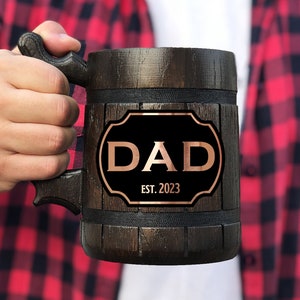 Dad Est 2023 Mug Fathers Day Gift Gift for Dad Personalized Gifts Wooden Beer Mug Wooden Stein Beer Tankard Gift For Father Funny Dad Mug