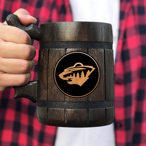 Minnesota Wild Beer Mug Personalized Gift For Him Fathers Day Gift Sport Hockey Fan Gifts Wooden Beer Stein Beer Tankard Gift for Husband